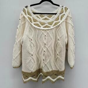 VTG Rebecca Stone‎ Sweater Cream Gold Lurex Embellished Boat Neck Winter Dressy